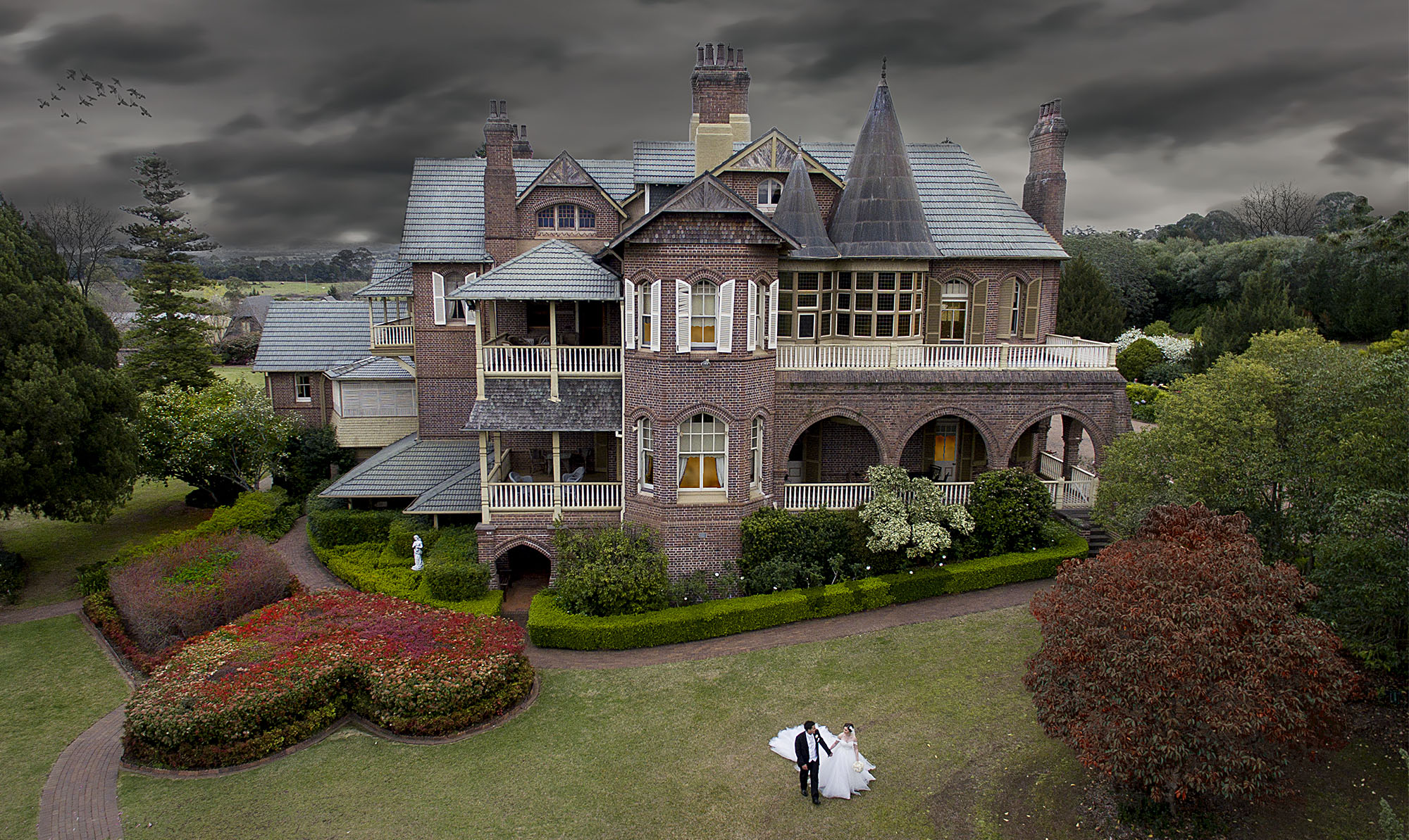 drone photography bride and groom at Camelot